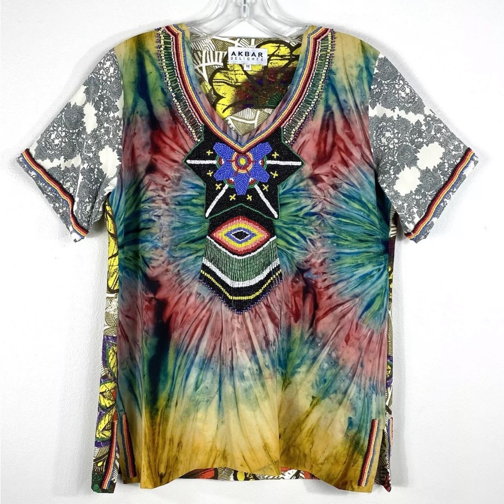 Anthropologie Akbar Morocco Beaded Tie Dye Rainbow Floral Print Top Sz M NEW